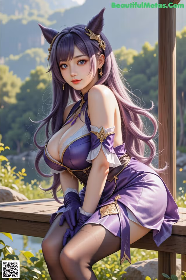 A woman in a purple dress sitting on a wooden bench.