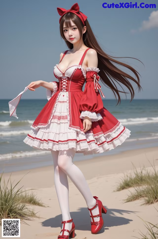A woman in a red and white dress standing on a beach.