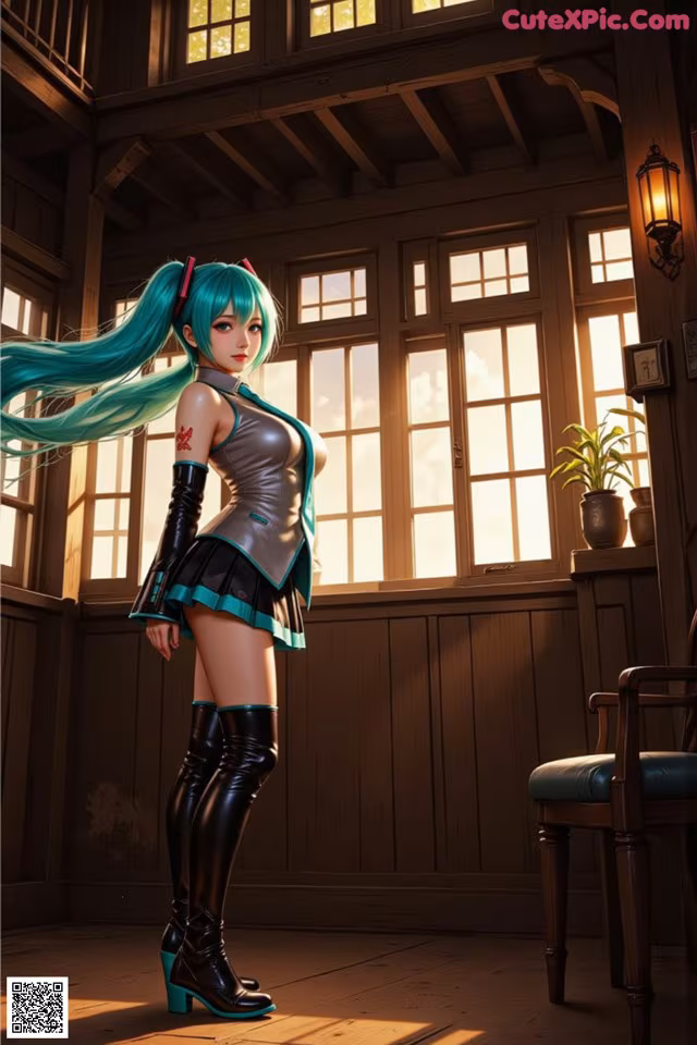 A woman with long blue hair standing in a room.