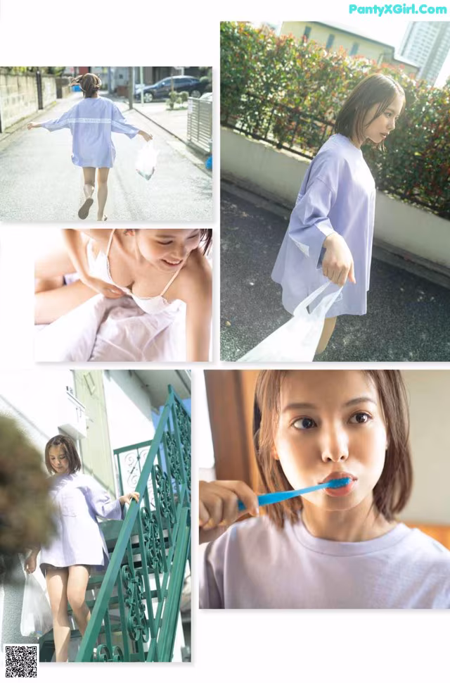 A collage of photos of a woman brushing her teeth.