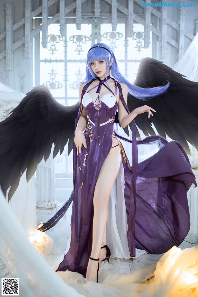 A woman in a purple dress with black wings.