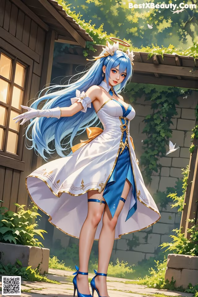 A woman with long blue hair wearing a white dress and blue shoes.