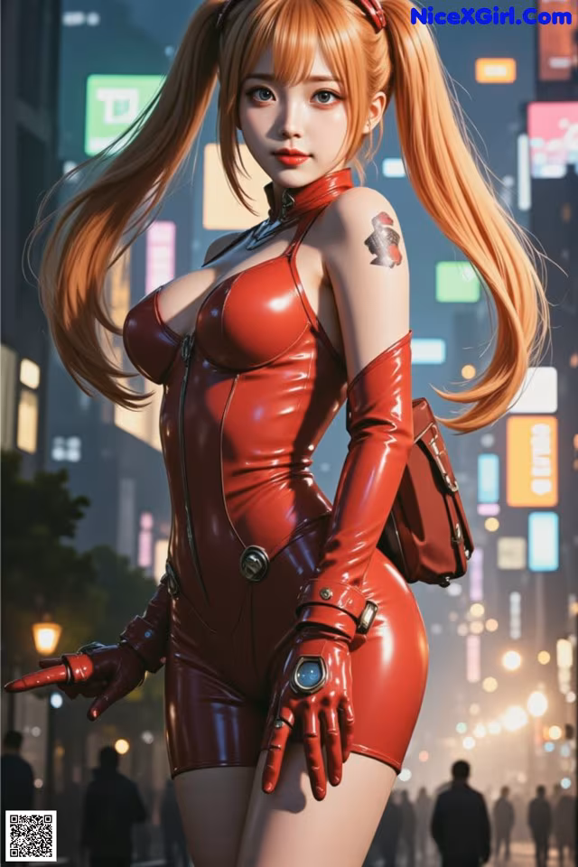 A woman in a red latex outfit standing in the middle of a city.