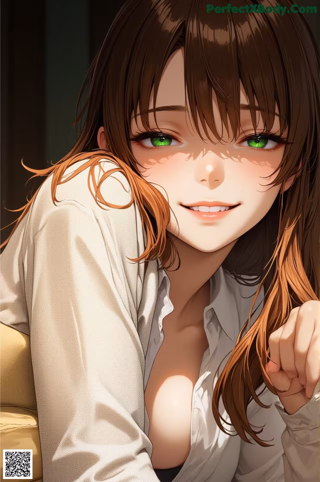 Anime girl with long brown hair and green eyes.