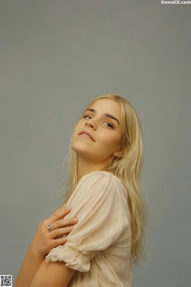 A woman with long blonde hair wearing a white blouse.