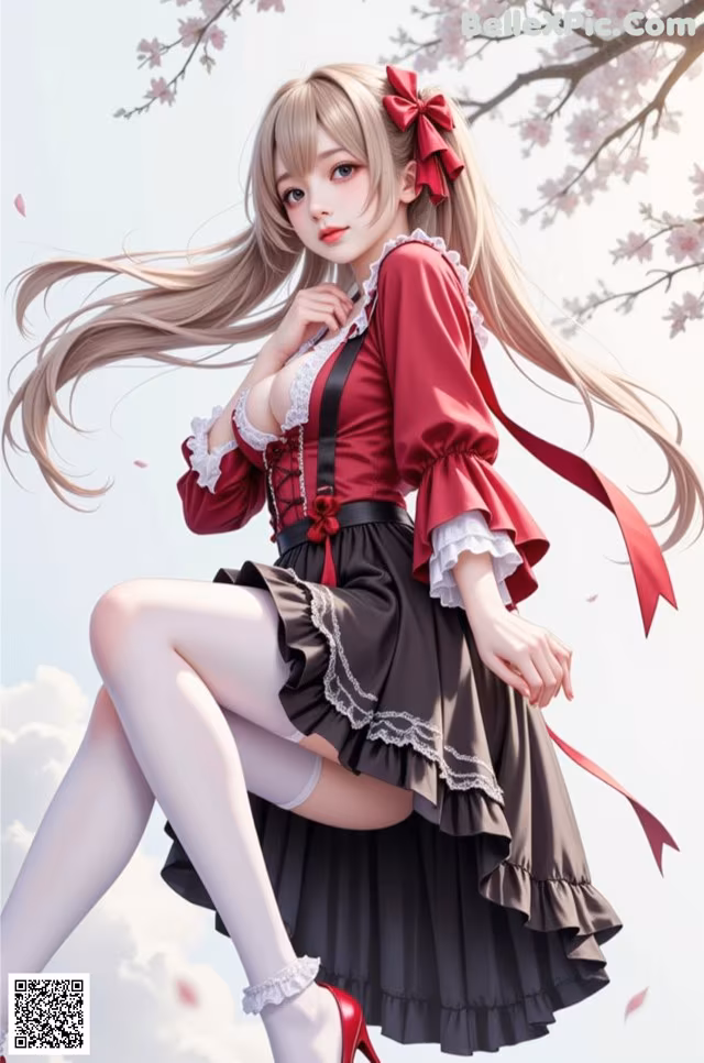 A girl in a red and black dress sitting on a tree branch.