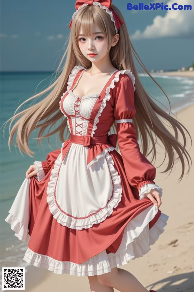 a woman in a red and white dress standing on a beach