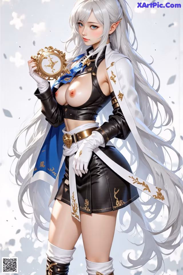 A woman with long white hair holds a compass, dressed in a black and blue outfit with gold accents.