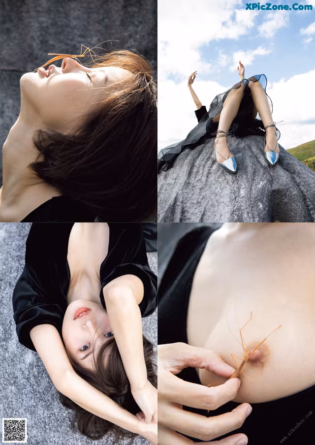 A collage of photos of a woman laying on a rock.