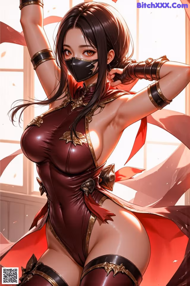 A woman in a red and black outfit with a mask on.