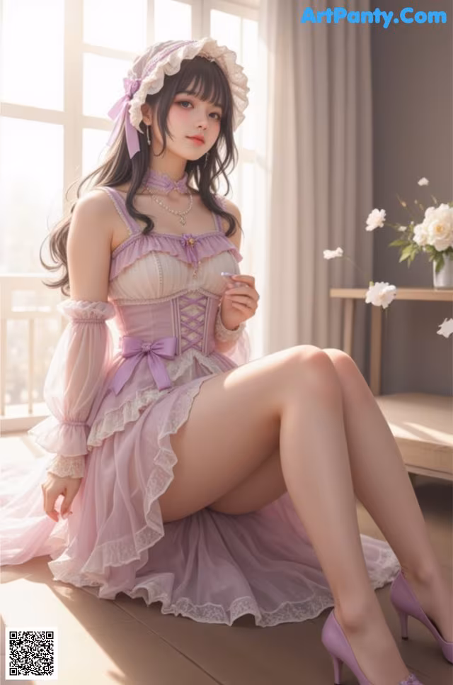 a woman in a purple dress sitting on the floor