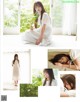 A collage of photos of a woman in a white dress.