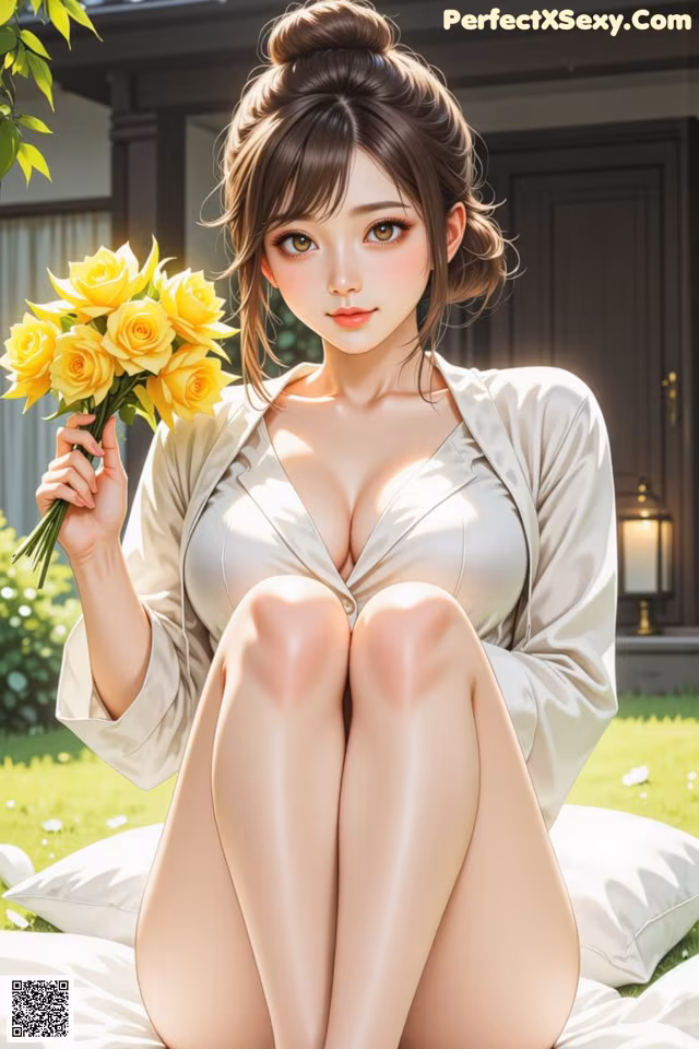 A woman sitting on a bed holding a bunch of yellow roses.