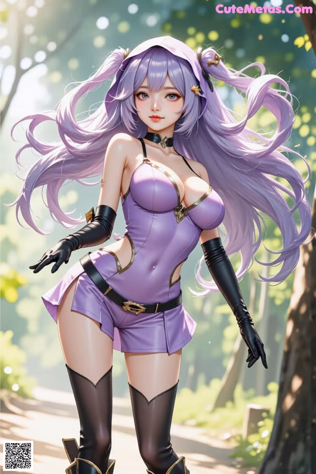 A woman in a purple outfit is standing in the woods.