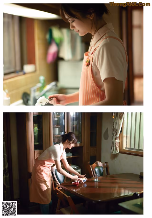 A woman in an apron preparing food at a table.