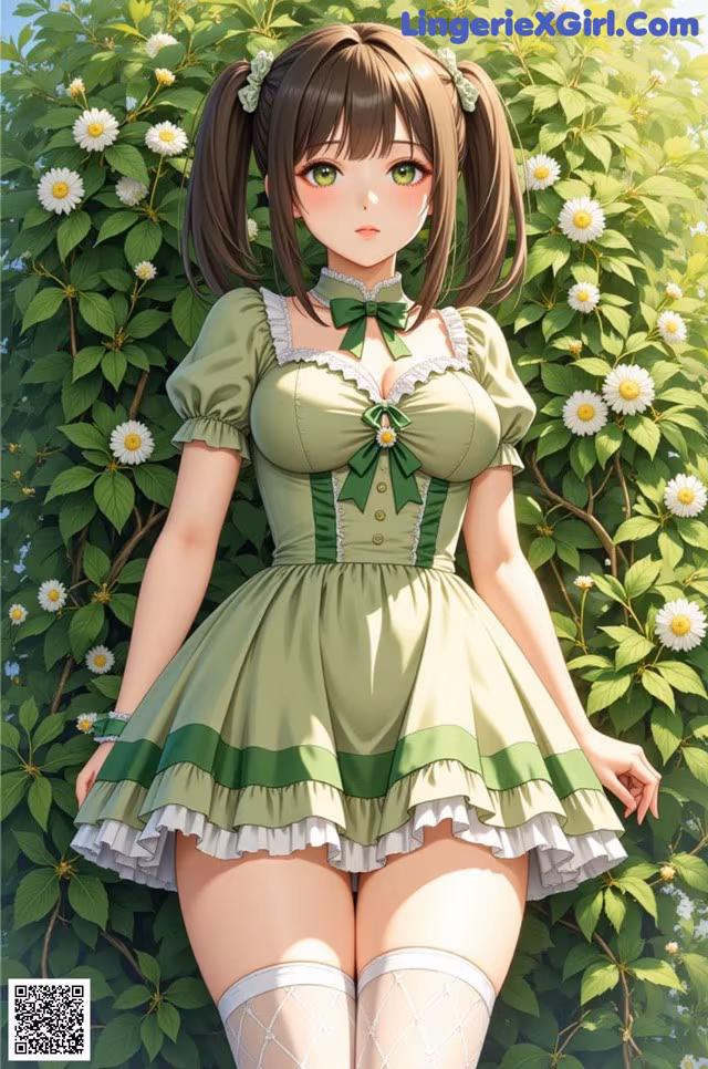 A girl in a green dress standing in front of a bush of flowers.