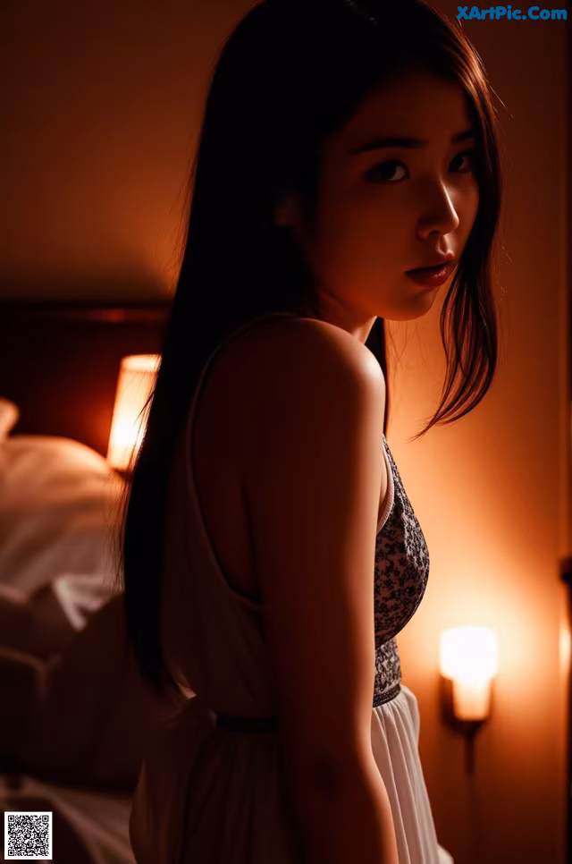 A woman in a white dress standing in front of a bed.