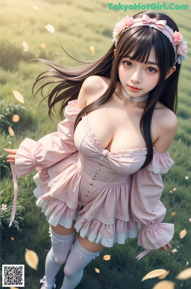 A woman in a pink dress is posing in a field.