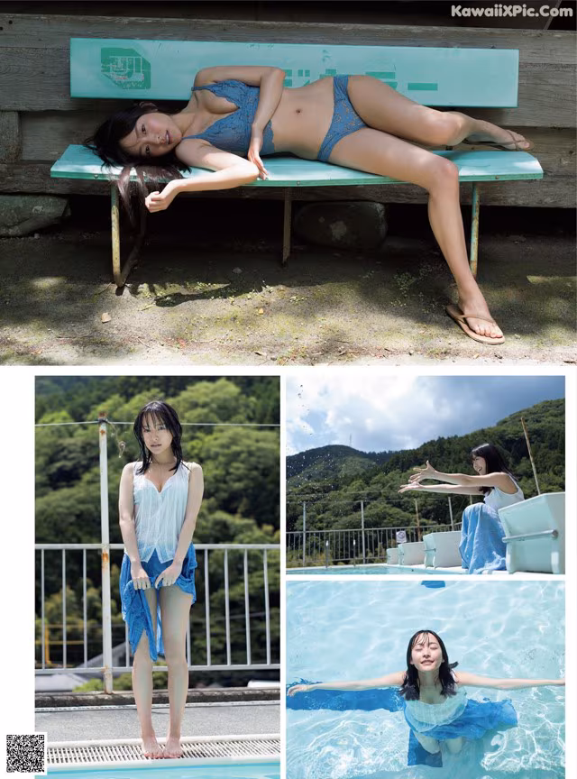 A woman in a blue bikini laying on a bench next to a pool.