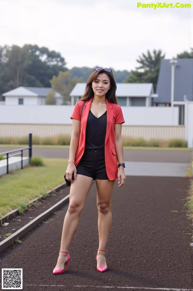 A woman in a red blazer and black shorts posing for a picture.