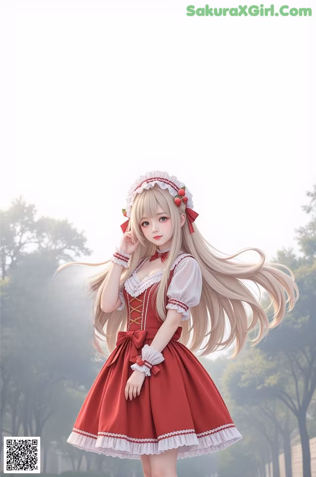 A girl in a red dress with long blonde hair.