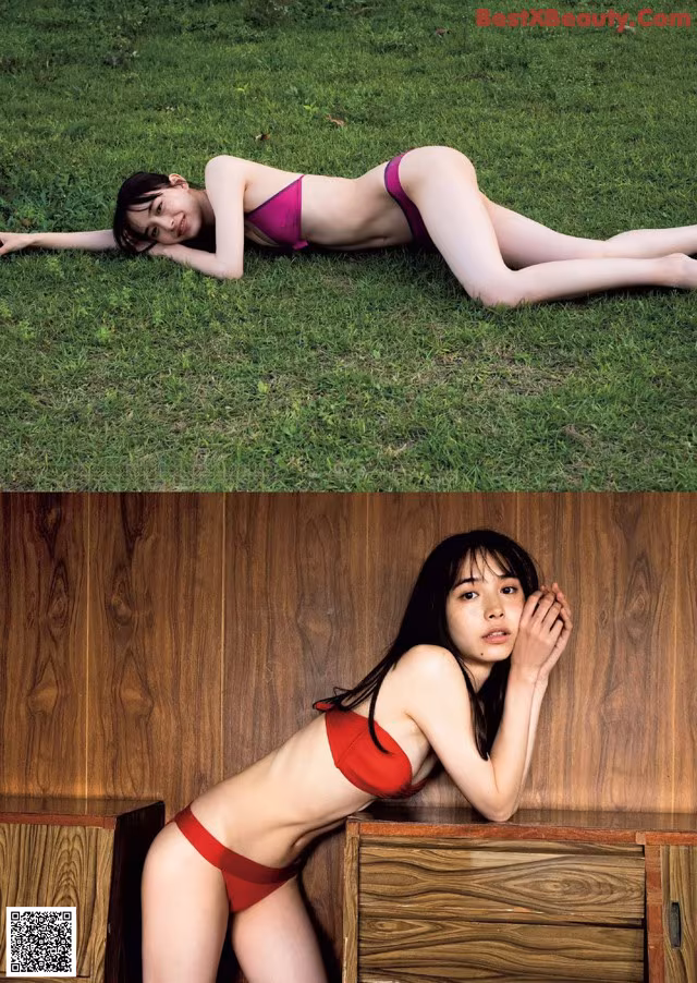 A woman in a red bikini laying on the grass.