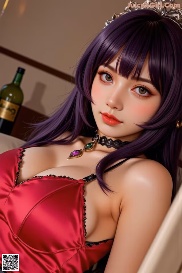 A woman with purple hair wearing a red dress and a tia.