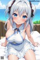 Anime girl in a white dress sitting on a bed.