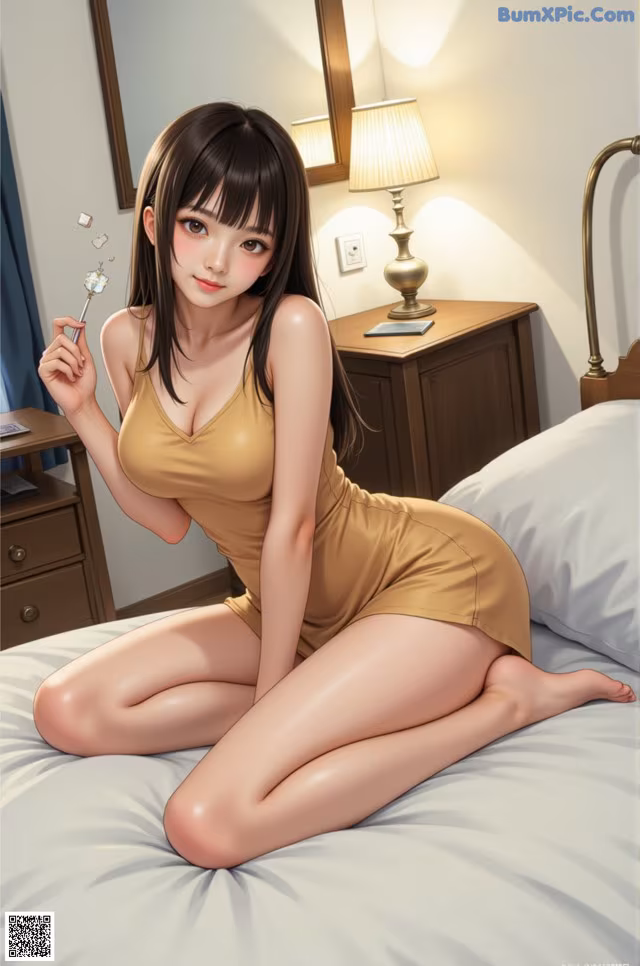 A woman sitting on a bed holding a lollipop.