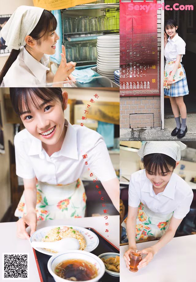 A woman in a white shirt and apron holding a bowl of food.