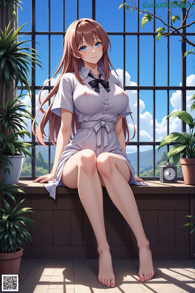 A woman sitting on a window sill in front of a window.