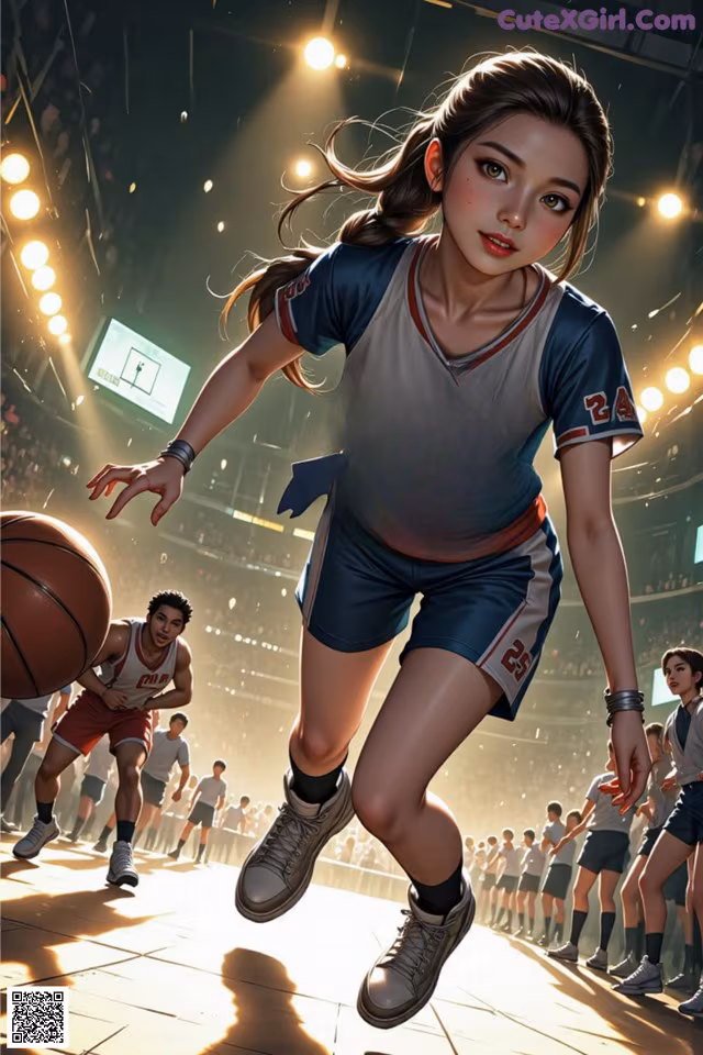 A girl in a basketball uniform dribbling a basketball on a court.