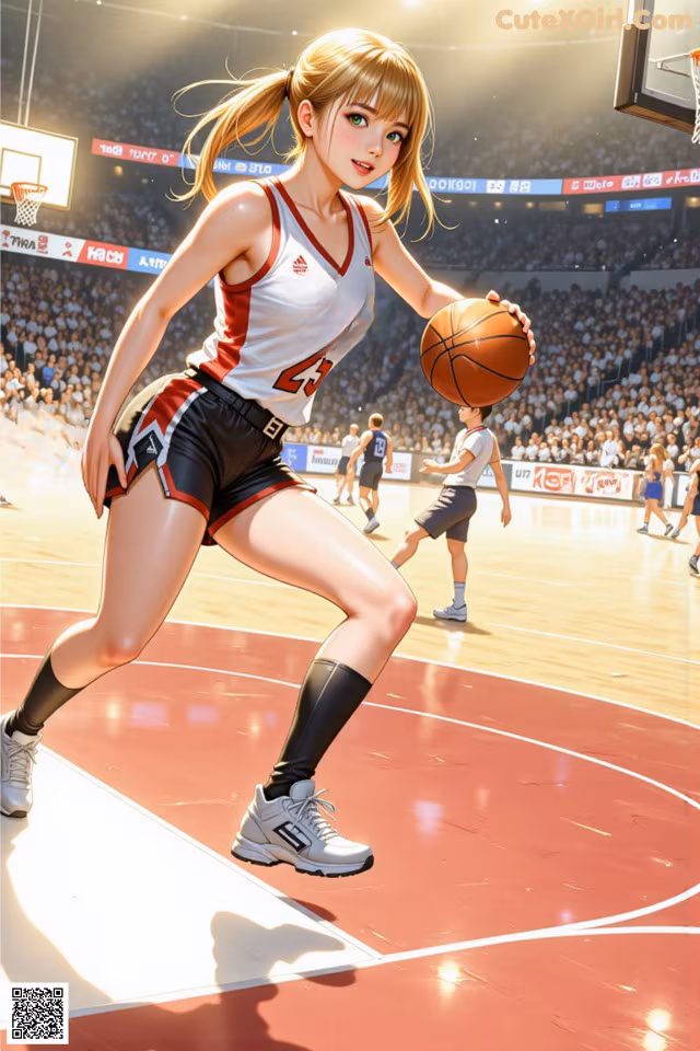 A woman in a basketball uniform holding a basketball on a court.