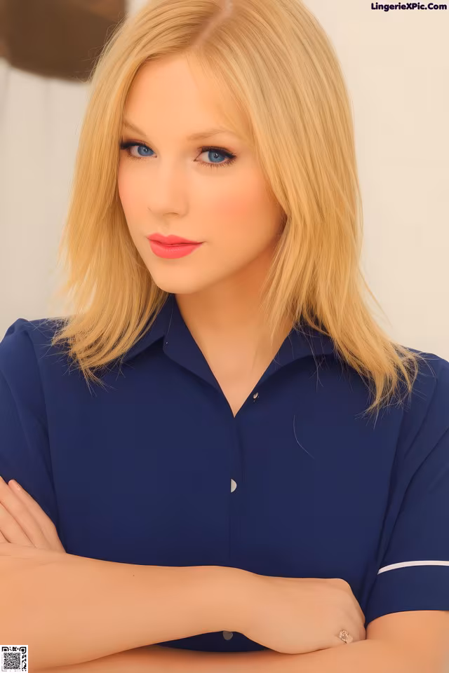 A woman in a blue shirt is posing for a picture.