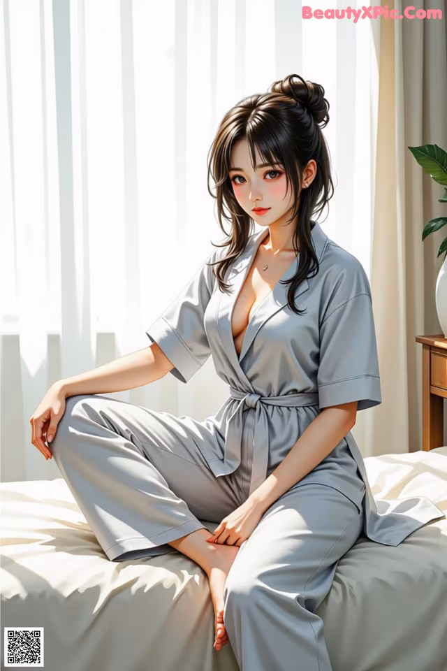A woman sitting on a bed wearing a gray robe.