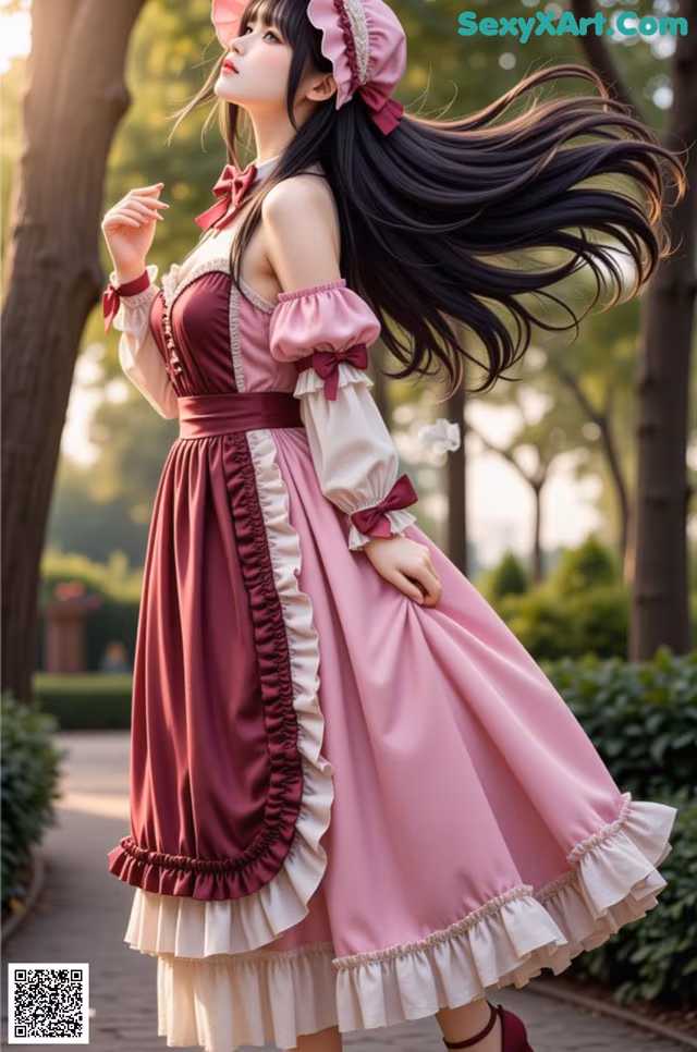 A woman in a pink dress and hat is posing for a picture.