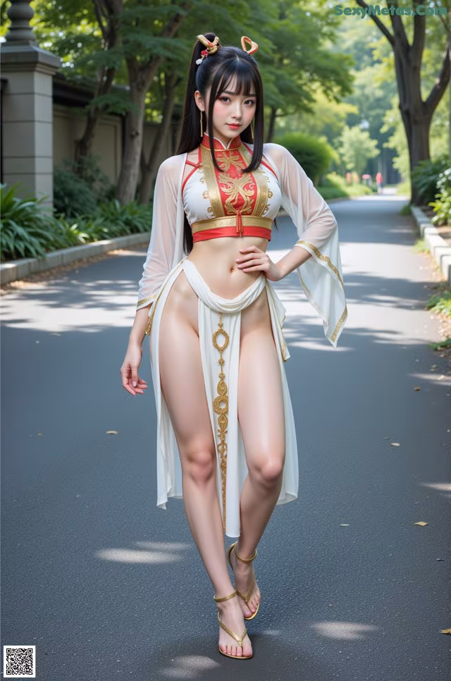 A woman in a white and red outfit is walking down a street.
